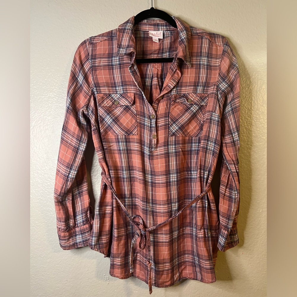 Isabel Maternity Popover Plaid Shirt Womens Size Medium Pink Blue Button Up